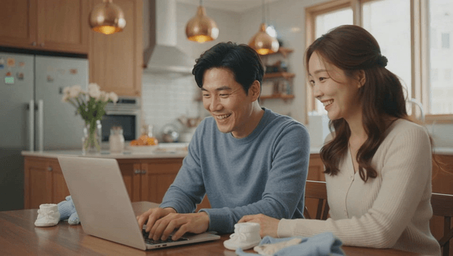 Couple looking at a laptop together at home