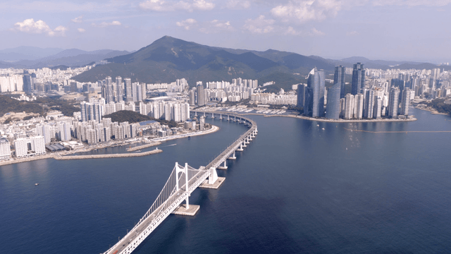Sprawling coastal cityscape with a large bridge