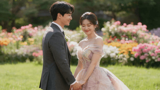 Bride and groom holding hands in an outdoor garden