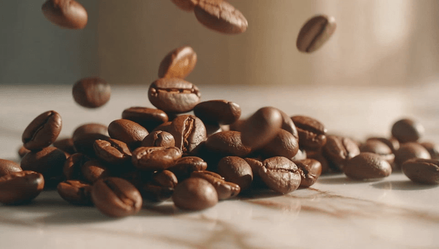 Coffee beans falling from above