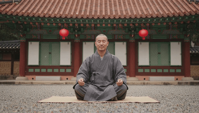 Monk meditating in front of a temple