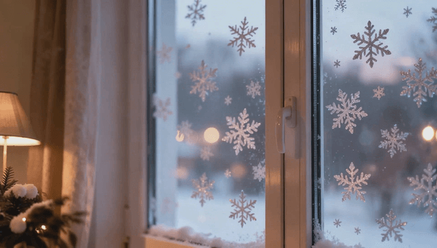 겨울 창문에 붙은 눈송이