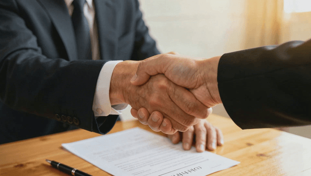 Two business professionals shaking hands over a contract