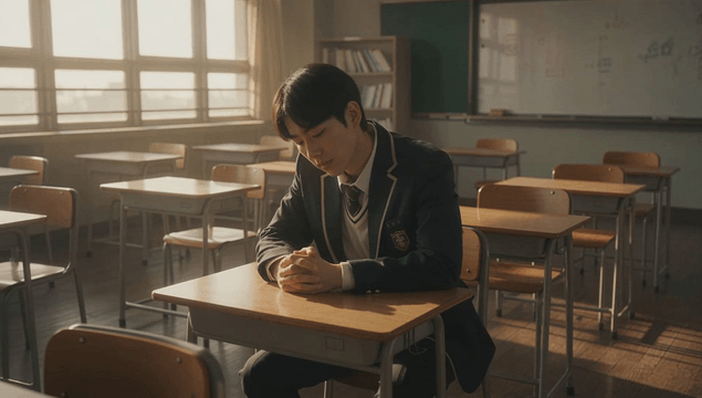 방과후 조용한 교실에 있는 남학생