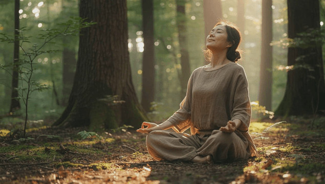 Meditation in a calm sunlit forest