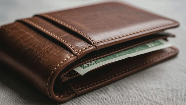 달러 현금이 들어 있는 두꺼운 가죽 지갑