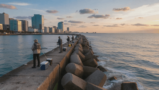 People fishing on a pier at sunset with a city backdrop