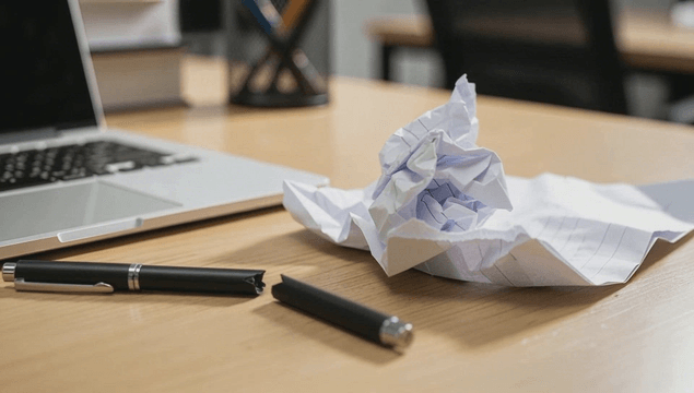 Broken pen and crumpled paper on a desk