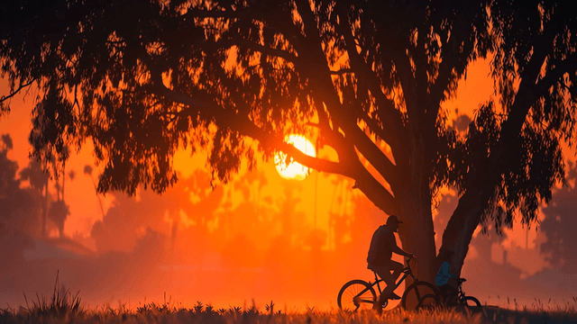 Father and child cycling at sunset