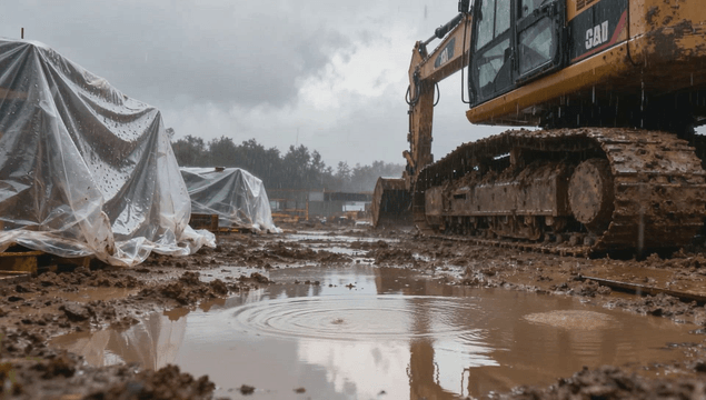 비 오는 건설 현장의 포크레인과 진흙탕