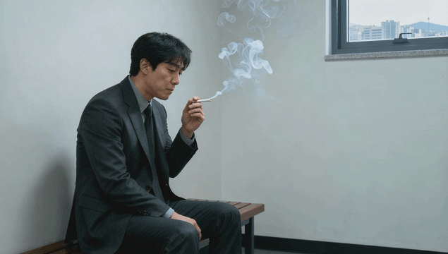 Office worker sitting on a bench in an indoor smoking room and smoking a cigarette