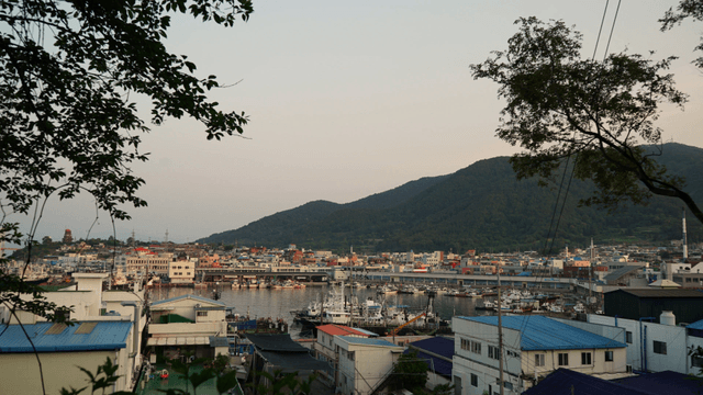 Coastal cityscape transitioning from night to day