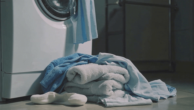 Laundry piled in front of front-load washer