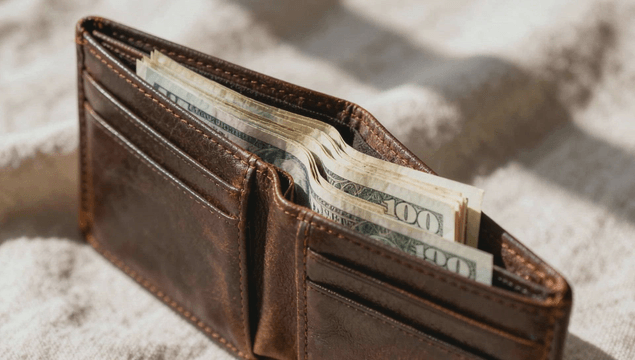 Leather wallet containing US dollar bills