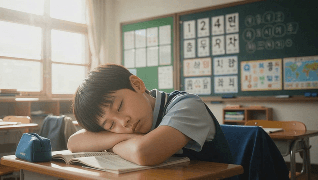 교실에서 공책과 팔을 베고 잠든 초등학생 남자 아이