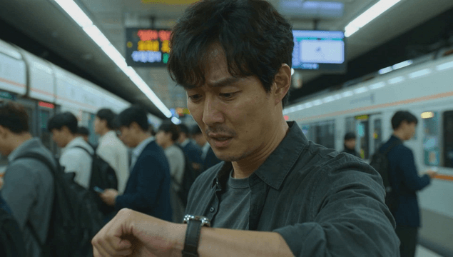 Man checking the time in a crowded subway