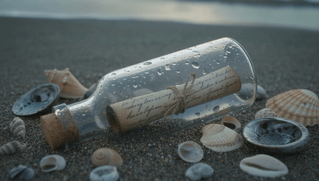 모래 해변에 놓인 병 속의 편지지