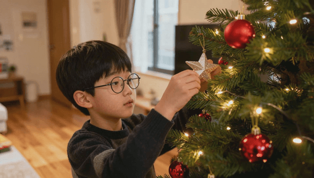 집에서 크리스마스 트리를 장식하는 아이
