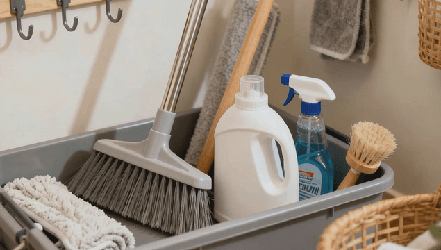 Cleaning supplies organized in a basket