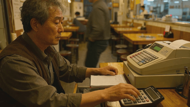 Middle-aged man organizing the ledger at a restaurant counter
