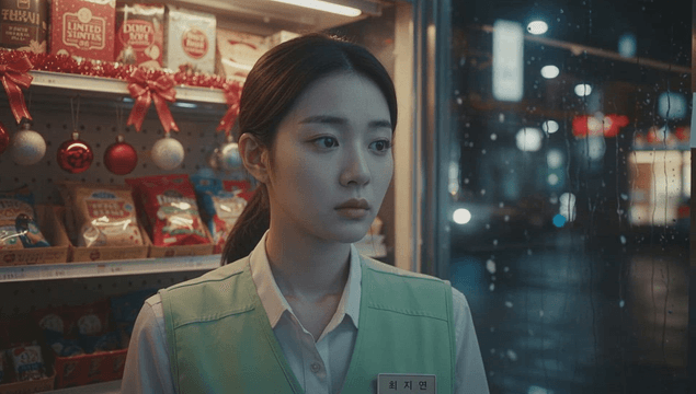 크리스마스 과자 가게에서 우울한 젊은 여성 점원