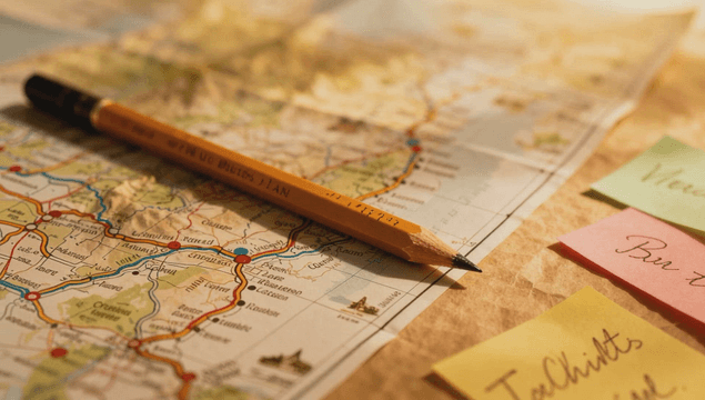 연필과 메모가 있는 지도