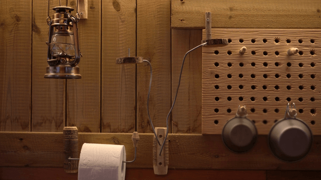 Wooden workshop wall with lantern and camping utensils