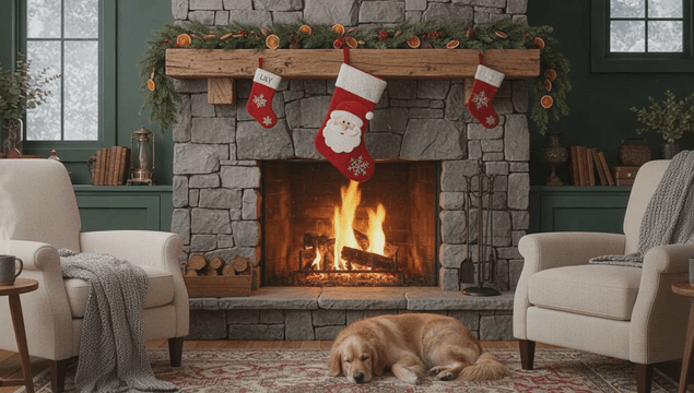 벽난로와 강아지가 있는 아늑한 거실