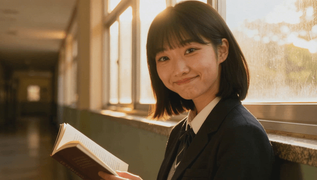 Short-haired schoolgirl reading a book in a sunlit corridor