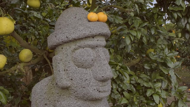 Stone statue with citrus fruits in orchard