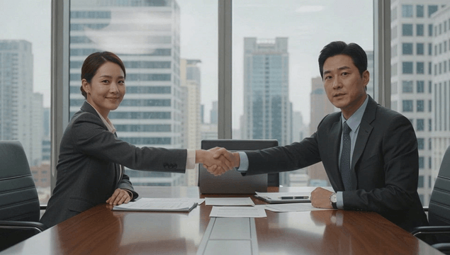 Office workers shaking hands in a high-rise meeting room