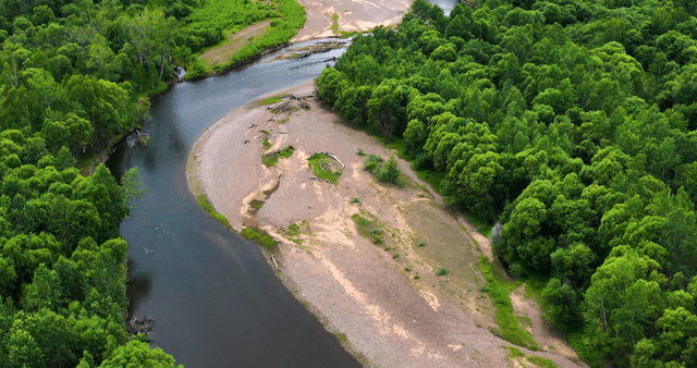 A winding river through lush green forest