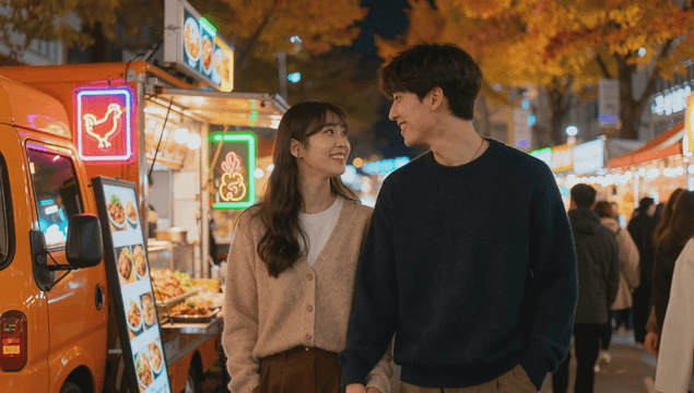 Couple exploring street food at a night market