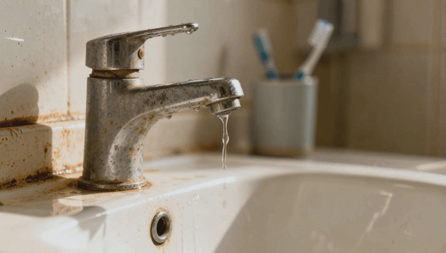 Dripping faucet in abandoned bathroom sink
