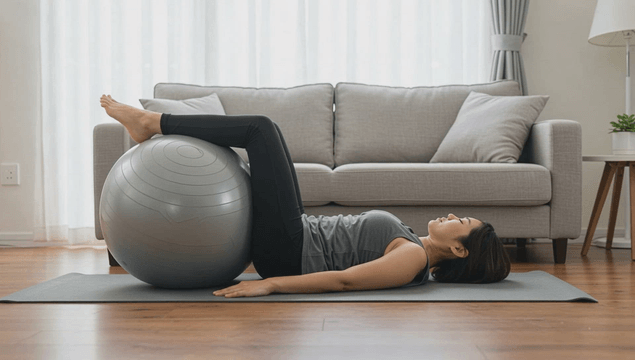 Woman exercising with a gym ball indoors