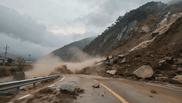 Mountain road covered with muddy water and stones after a landslide