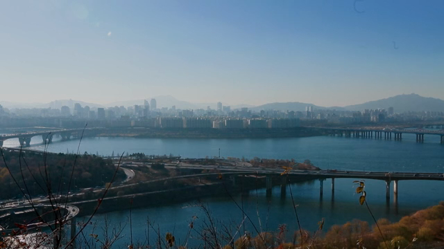 A city skyline with a river and bridges