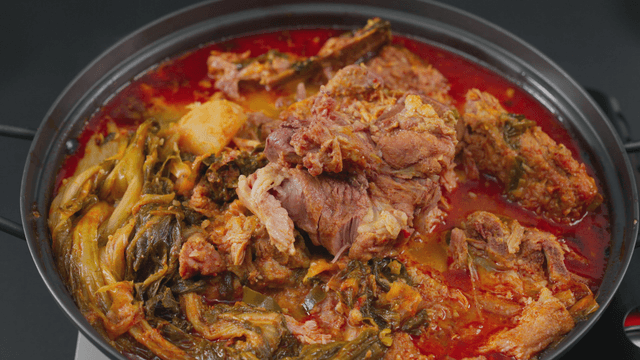 Spicy Korean pork bone stew in a pot