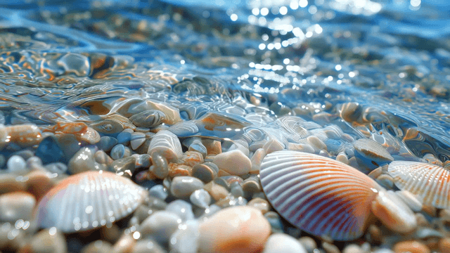 맑은 바다물 아래 조개와 자갈