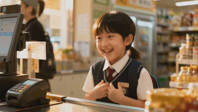 Smiling girl at store counter