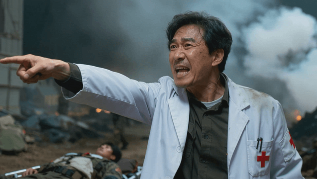 Doctor in a war zone with soldiers