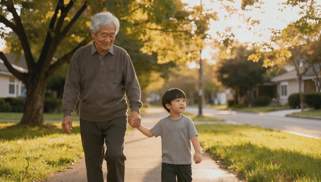 Grandfather and grandson walking hand in hand along street