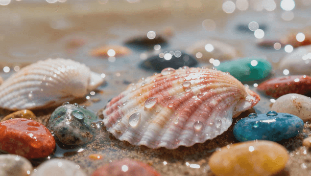 Colorful shells and pebbles on beach
