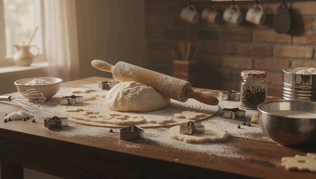 Dough and baking tools on kitchen table