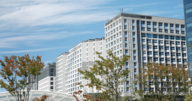 White angular modern buildings