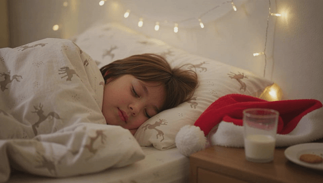 크리스마스 조명과 함께 자는 아이