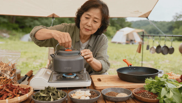 Middle-aged woman cooking at campsite with fresh ingredients