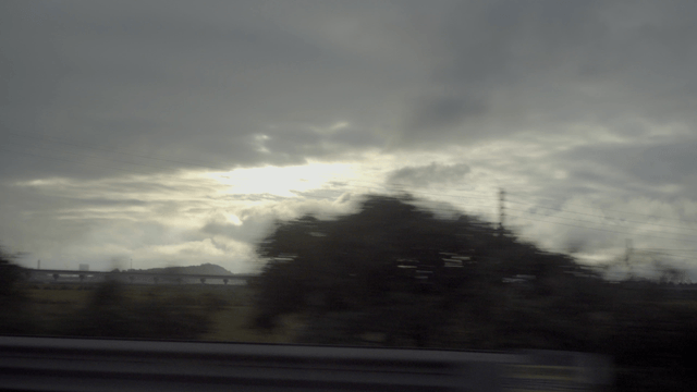 달리는 차안에서 보이는 넓은 들판 위 흐린 하늘