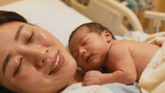 Mother shedding tears of emotion with her newborn baby