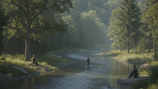 People fishing by a quiet riverside